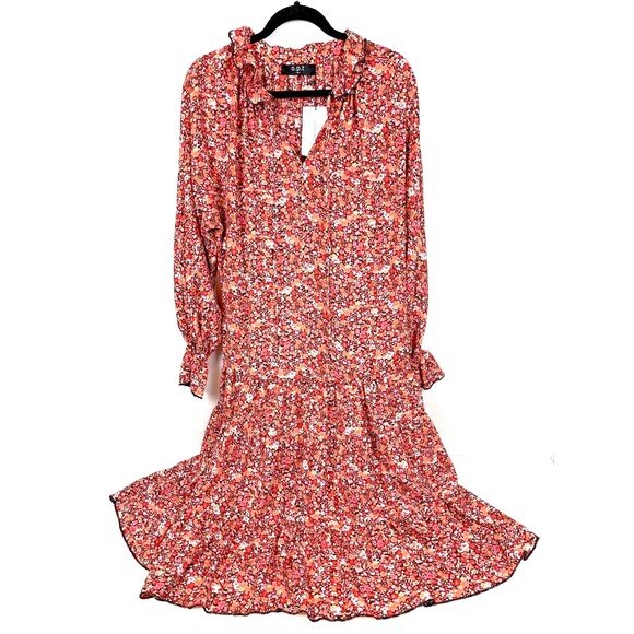 NWT One Pretty Time Anthropologie Pink Red Floral Midi Dress Ruffled Boho Size S - Picture 5 of 11